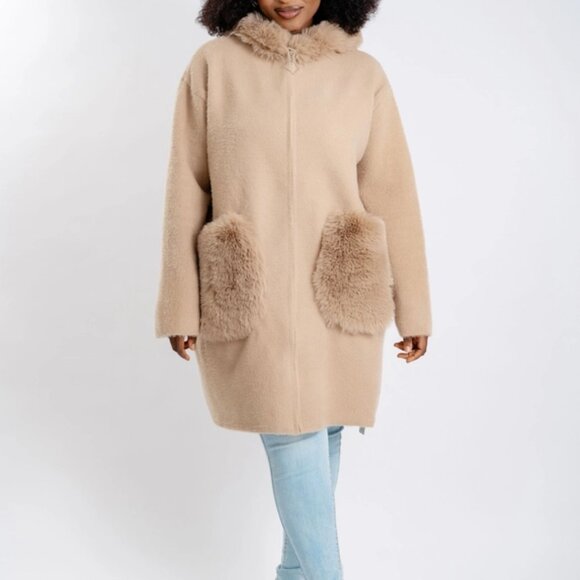 Women's Black Fur Hooded Sweater Coat - Kara Chic - Picture 4 of 4